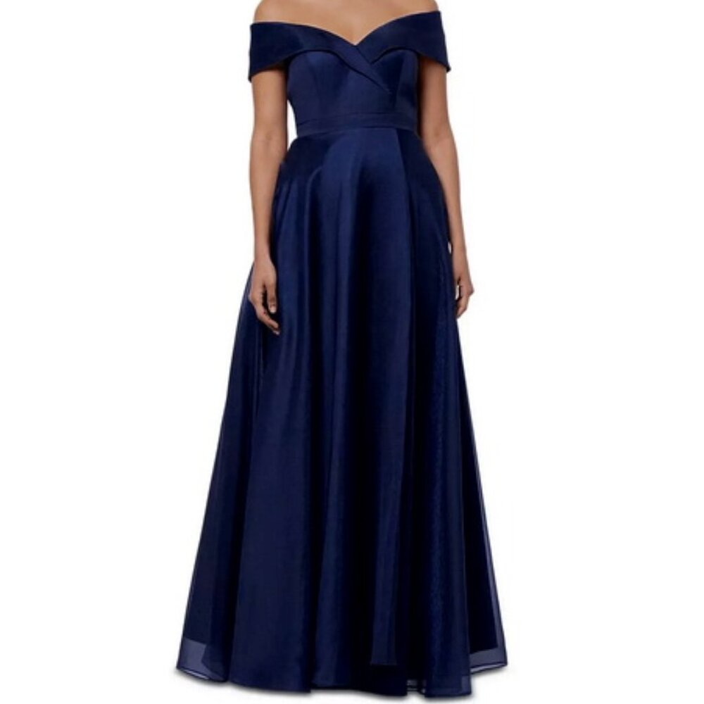 Xscape Navy Blue Off the Shoulder Organza Gown